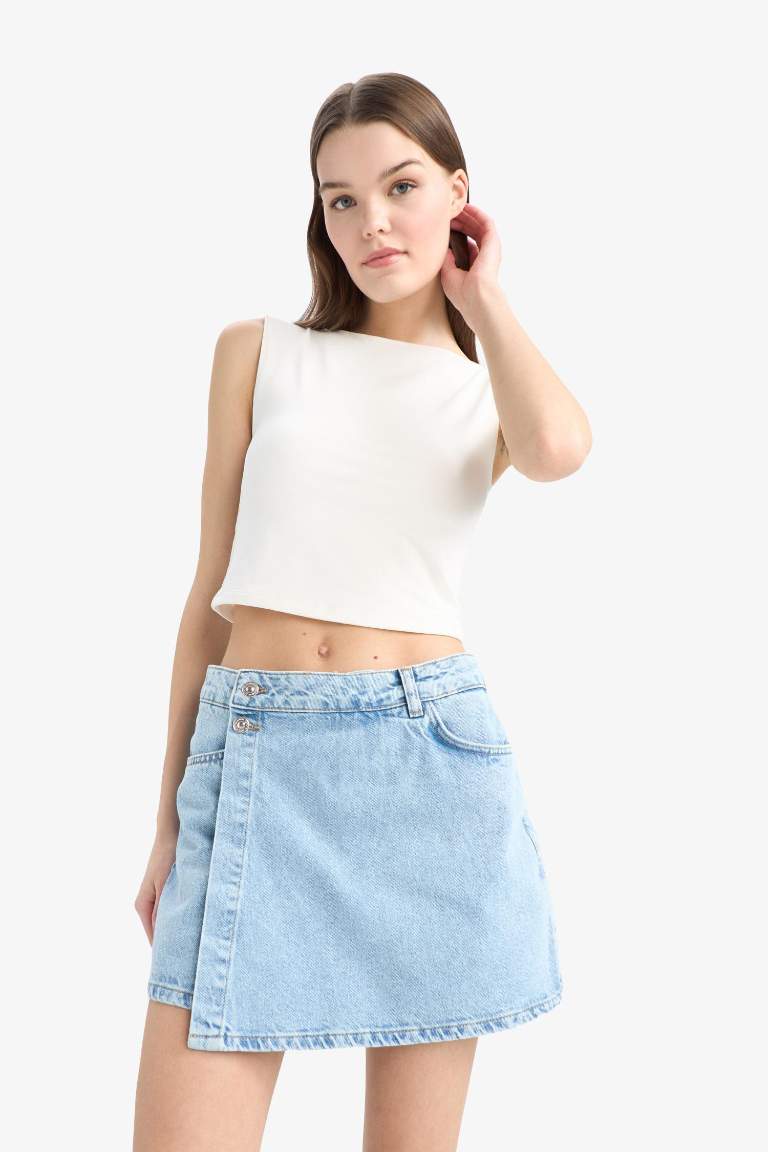 Yüksek Bel Cepli Mini Jean Şort Etek