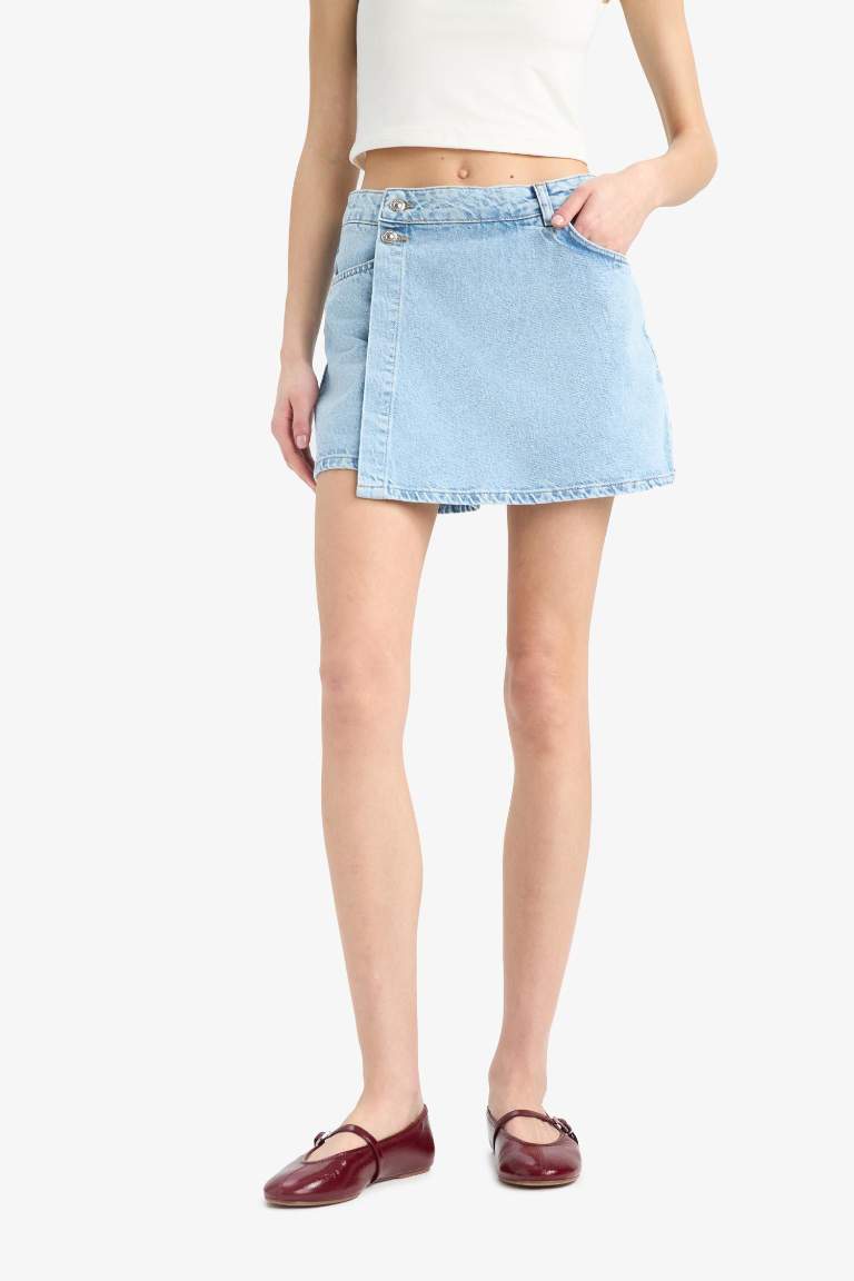 Yüksek Bel Cepli Mini Jean Şort Etek