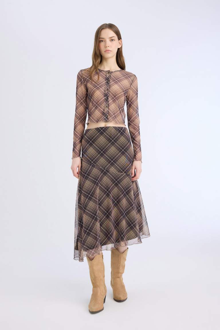 Asymmetrical Checked Normal Waist Tulle Midi Skirt