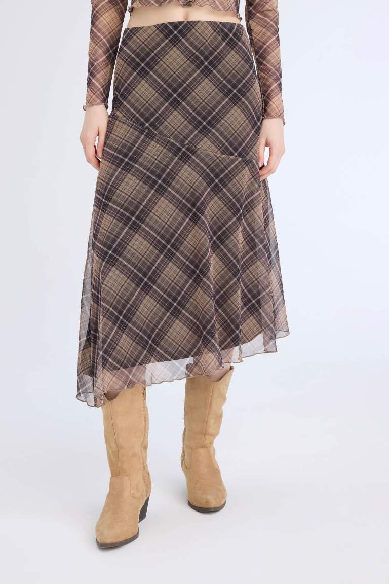 Asymmetrical Checked Normal Waist Tulle Midi Skirt