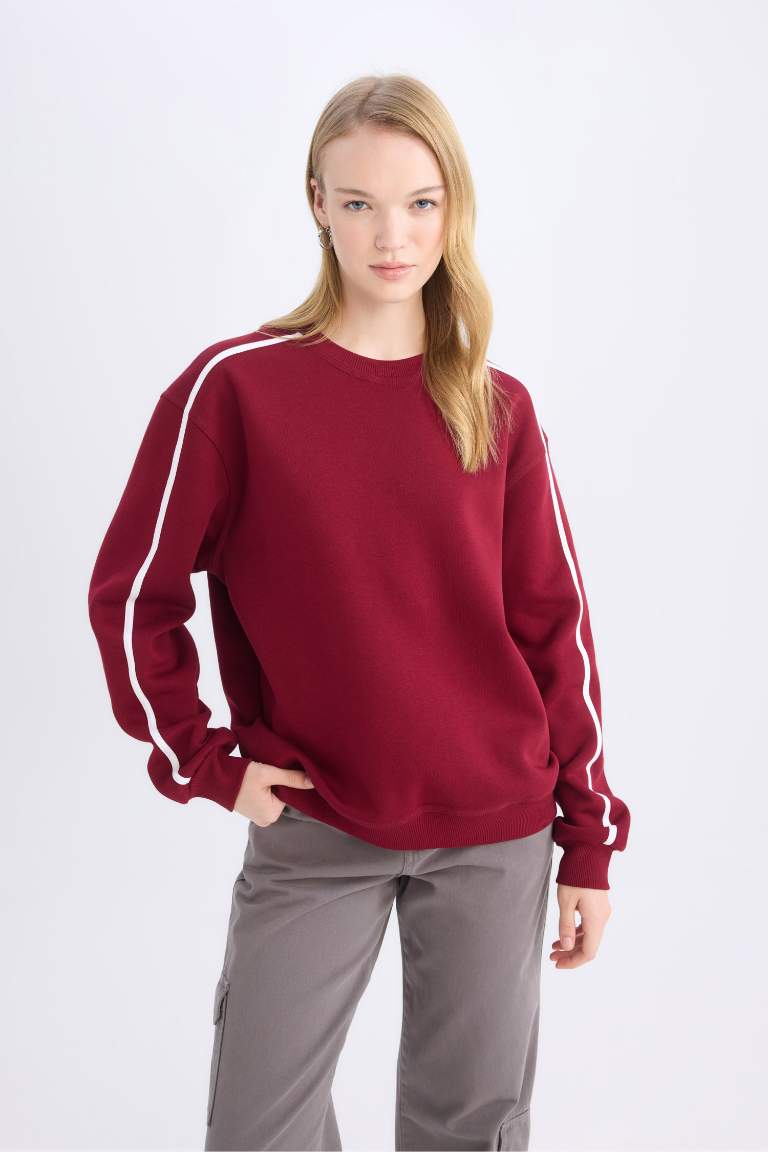 Coool Loose Fit Bisiklet Yaka Şerit Detaylı Kalın Sweatshirt