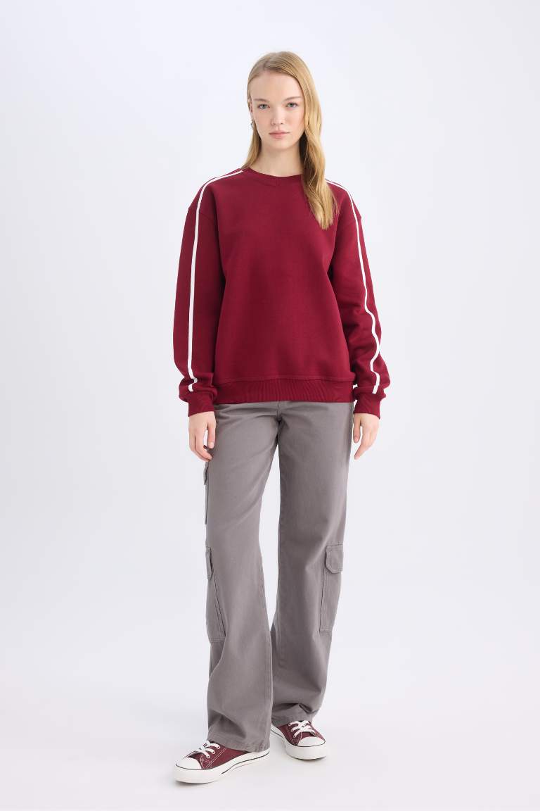 Coool Loose Fit Bisiklet Yaka Şerit Detaylı Kalın Sweatshirt