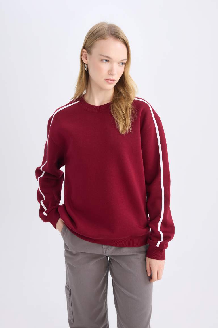 Coool Loose Fit Bisiklet Yaka Şerit Detaylı Kalın Sweatshirt