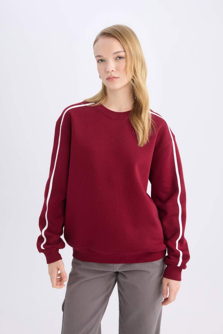 Coool Loose Fit Bisiklet Yaka Şerit Detaylı Kalın Sweatshirt