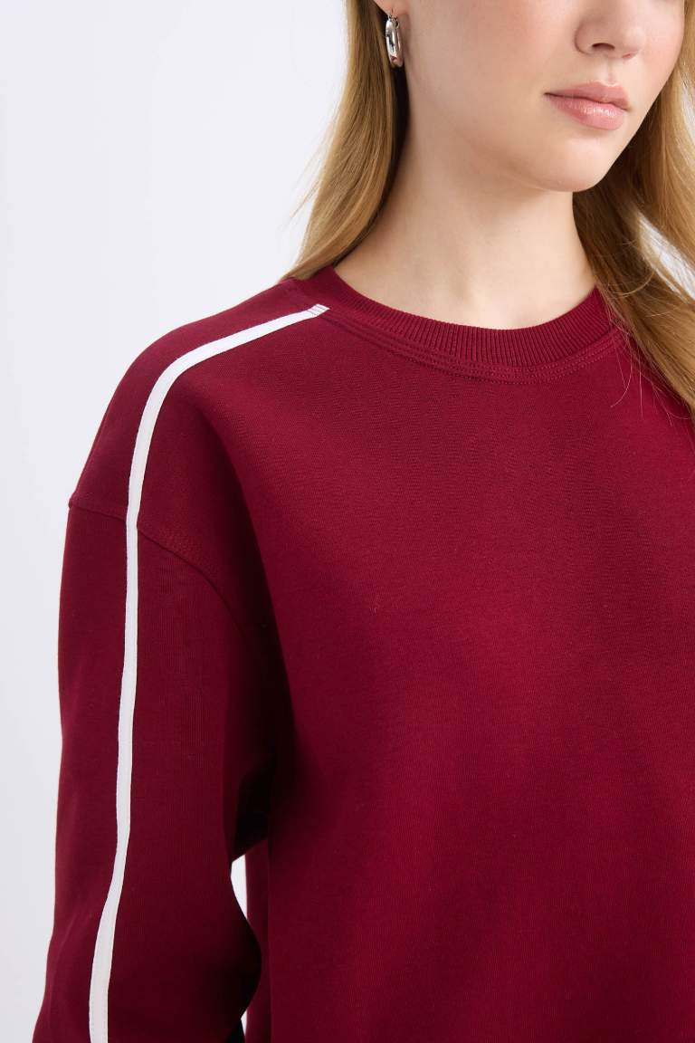 Coool Loose Fit Bisiklet Yaka Şerit Detaylı Kalın Sweatshirt