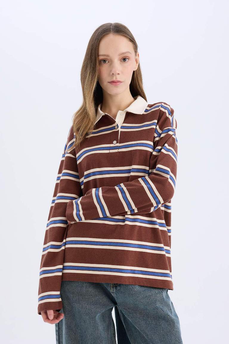 Loose Fit Polo Neck Striped Long Sleeve T-Shirt