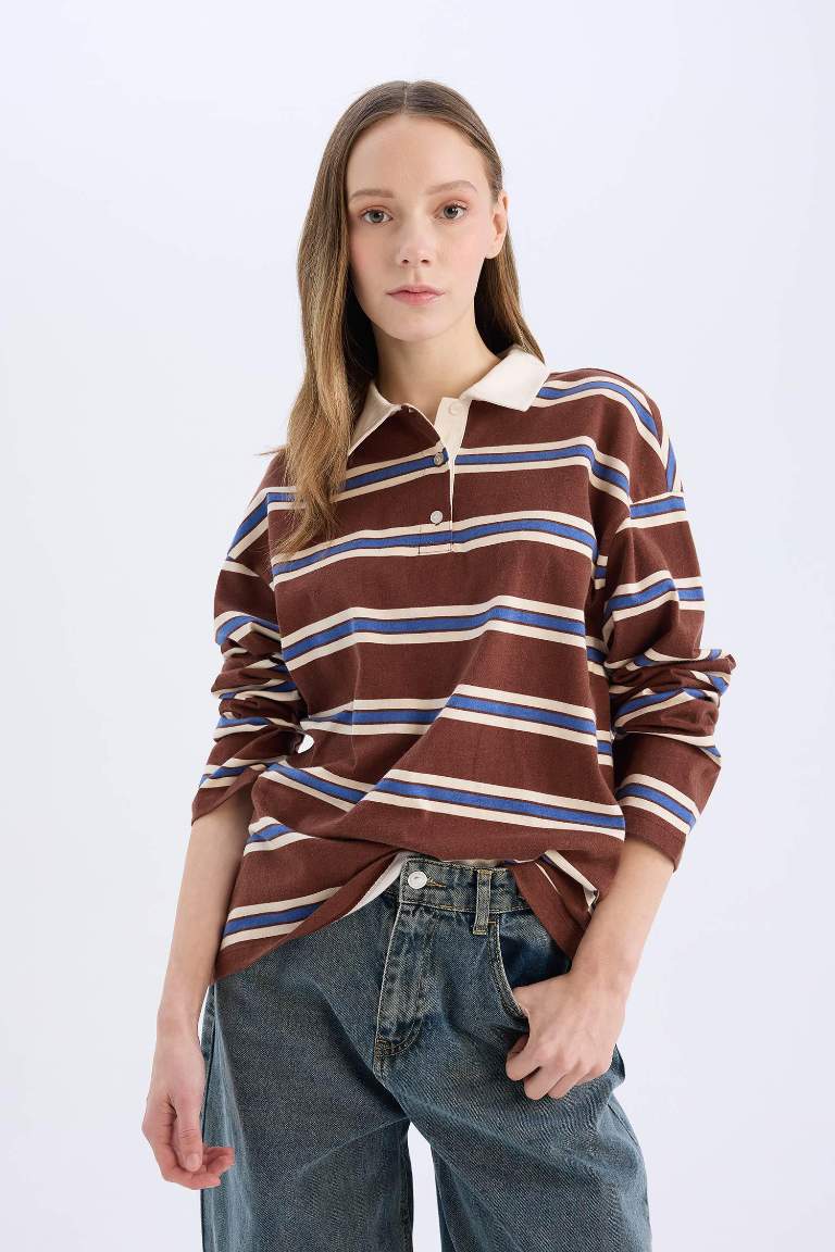 Loose Fit Polo Neck Striped Long Sleeve T-Shirt