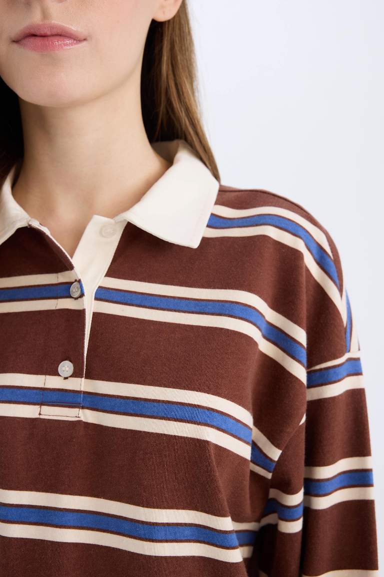 Loose Fit Polo Neck Striped Long Sleeve T-Shirt