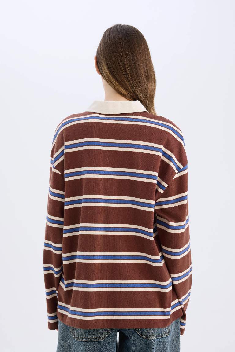 Loose Fit Polo Neck Striped Long Sleeve T-Shirt