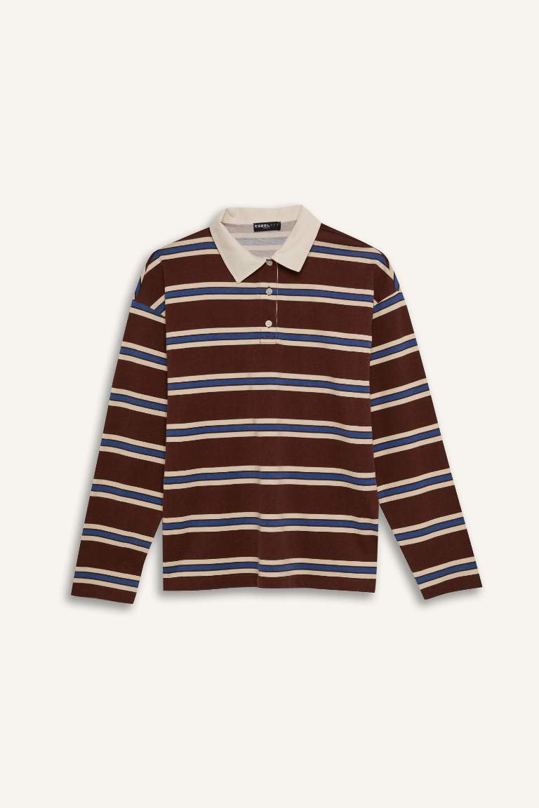 Loose Fit Polo Neck Striped Long Sleeve T-Shirt