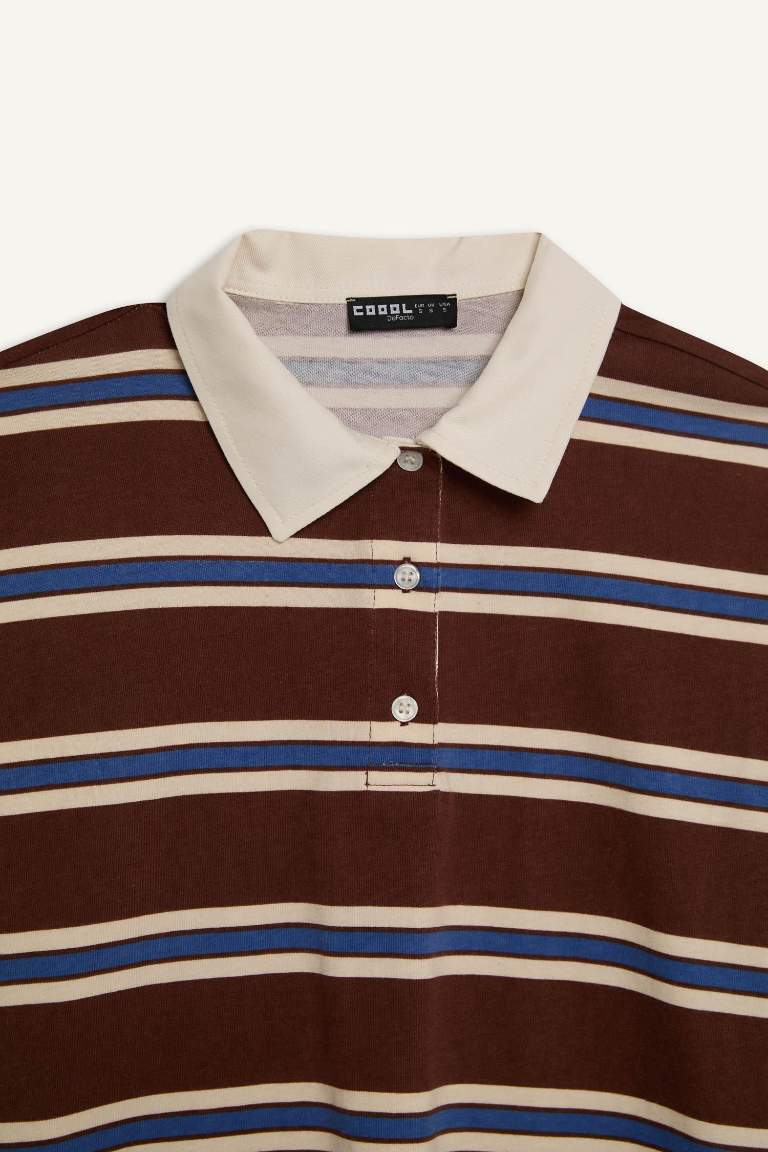 Loose Fit Polo Neck Striped Long Sleeve T-Shirt