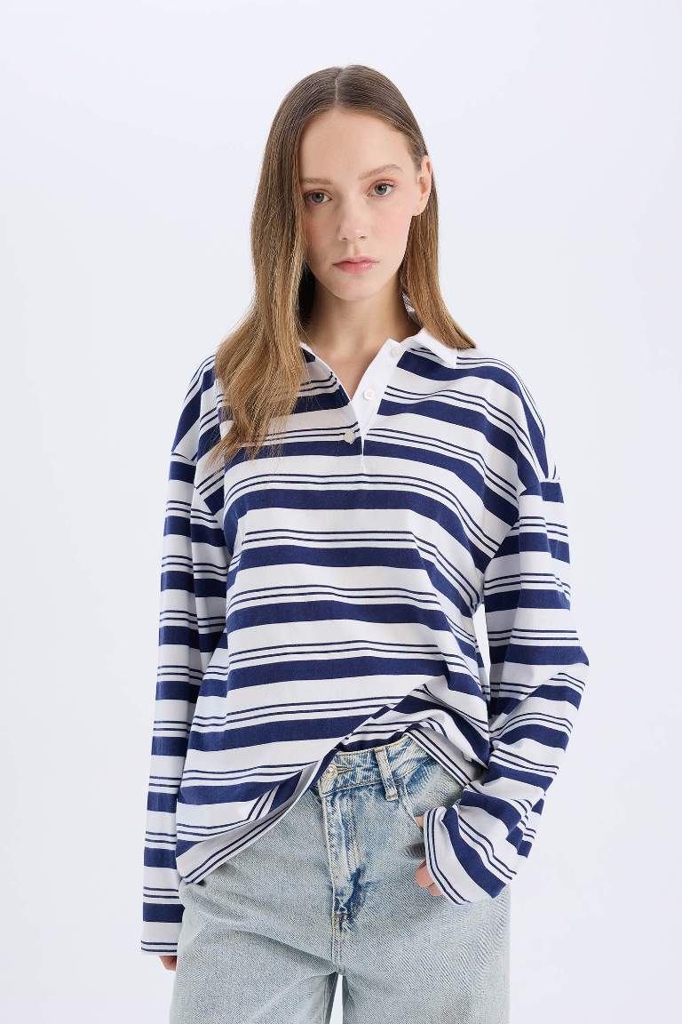 Loose Fit Polo Collar Striped T-Shirt