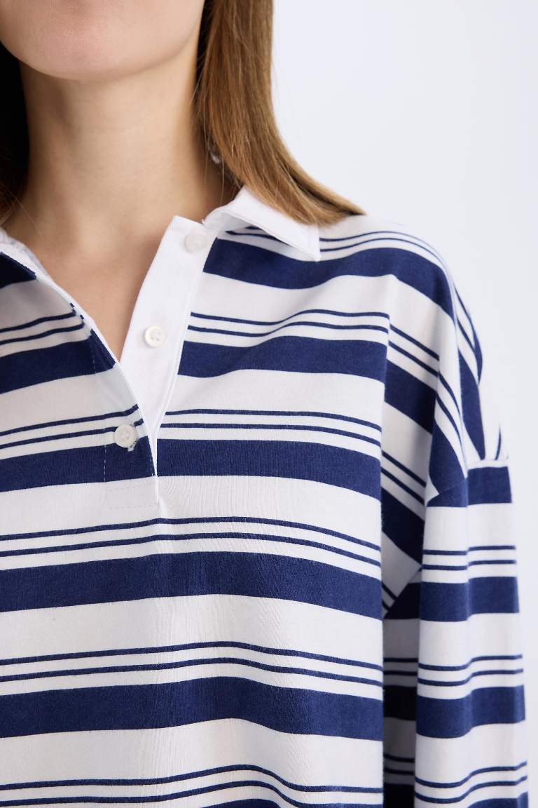 Loose Fit Polo Collar Striped T-Shirt