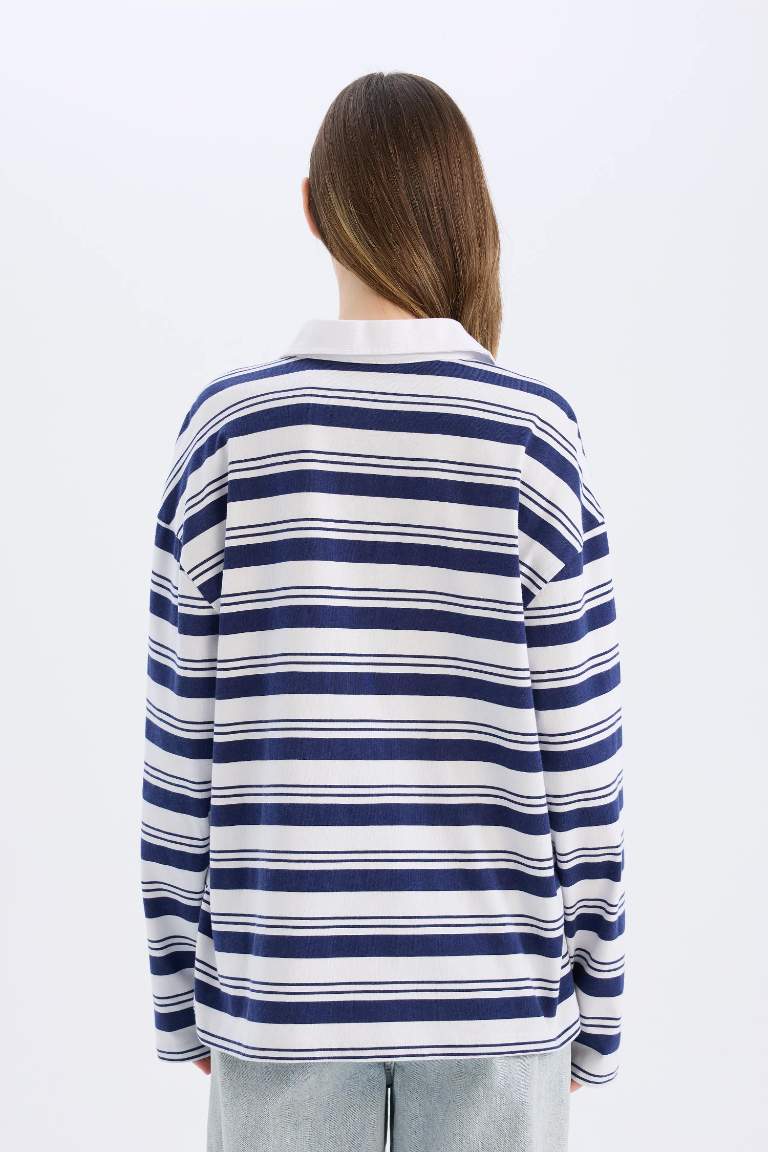 Loose Fit Polo Collar Striped T-Shirt