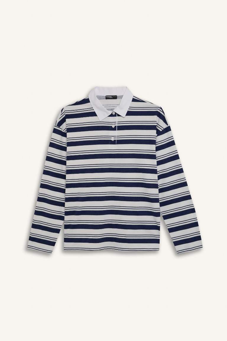 Loose Fit Polo Collar Striped T-Shirt