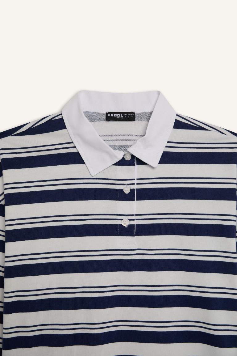 Loose Fit Polo Collar Striped T-Shirt