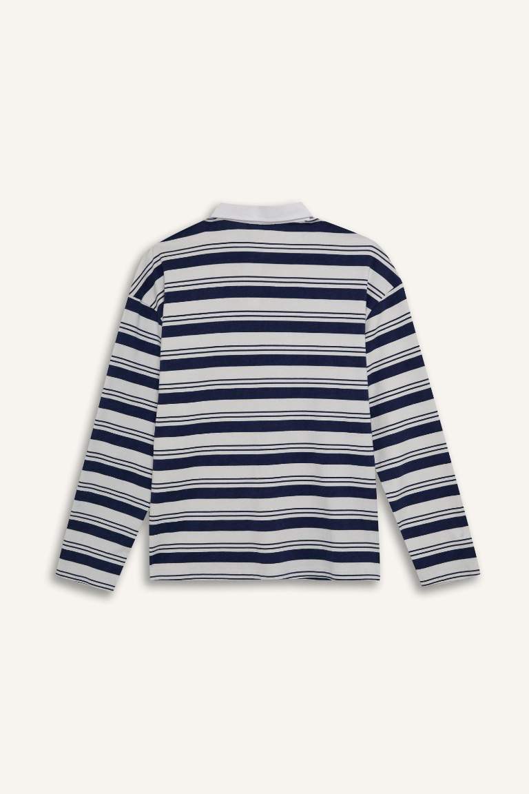 Loose Fit Polo Collar Striped T-Shirt