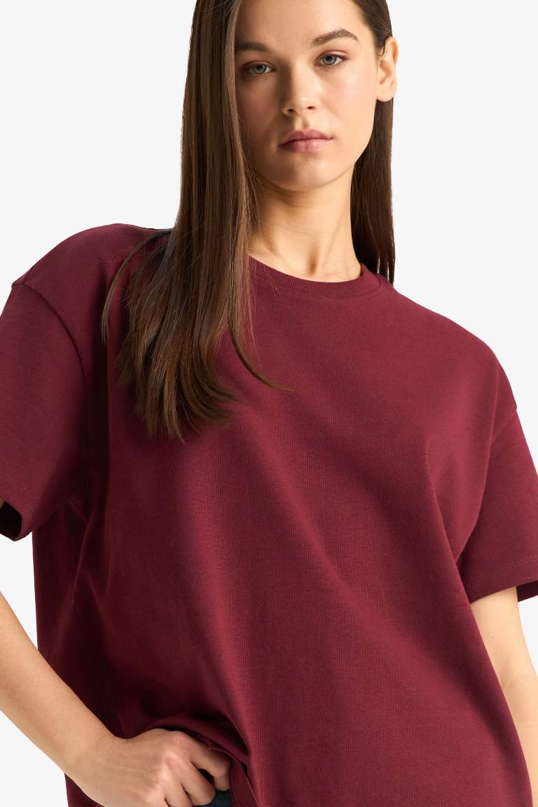 Oversize Geniş Kalıp Bisiklet Yaka Basic Düz Bordo Kısa Kollu Tişört