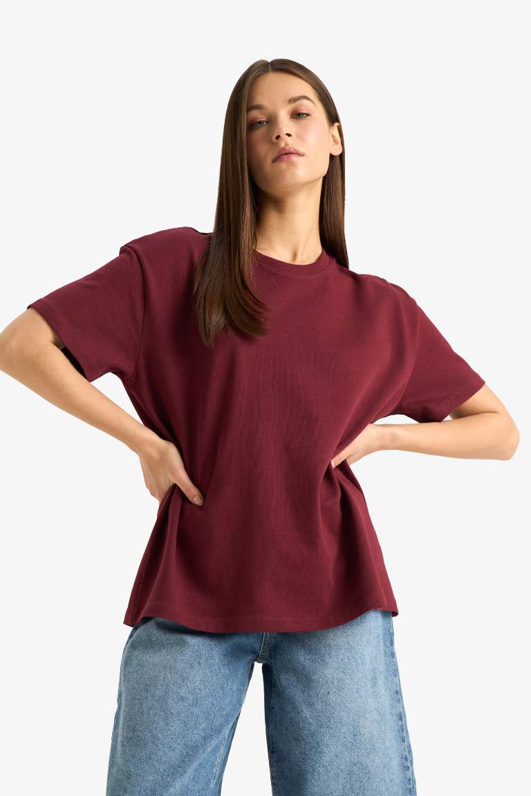 Oversize Geniş Kalıp Bisiklet Yaka Basic Düz Bordo Kısa Kollu Tişört