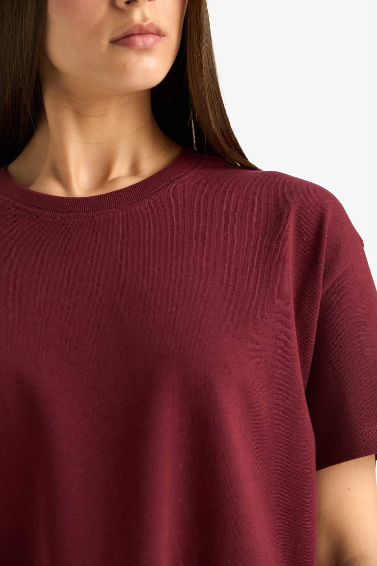 Oversize Geniş Kalıp Bisiklet Yaka Basic Düz Bordo Kısa Kollu Tişört
