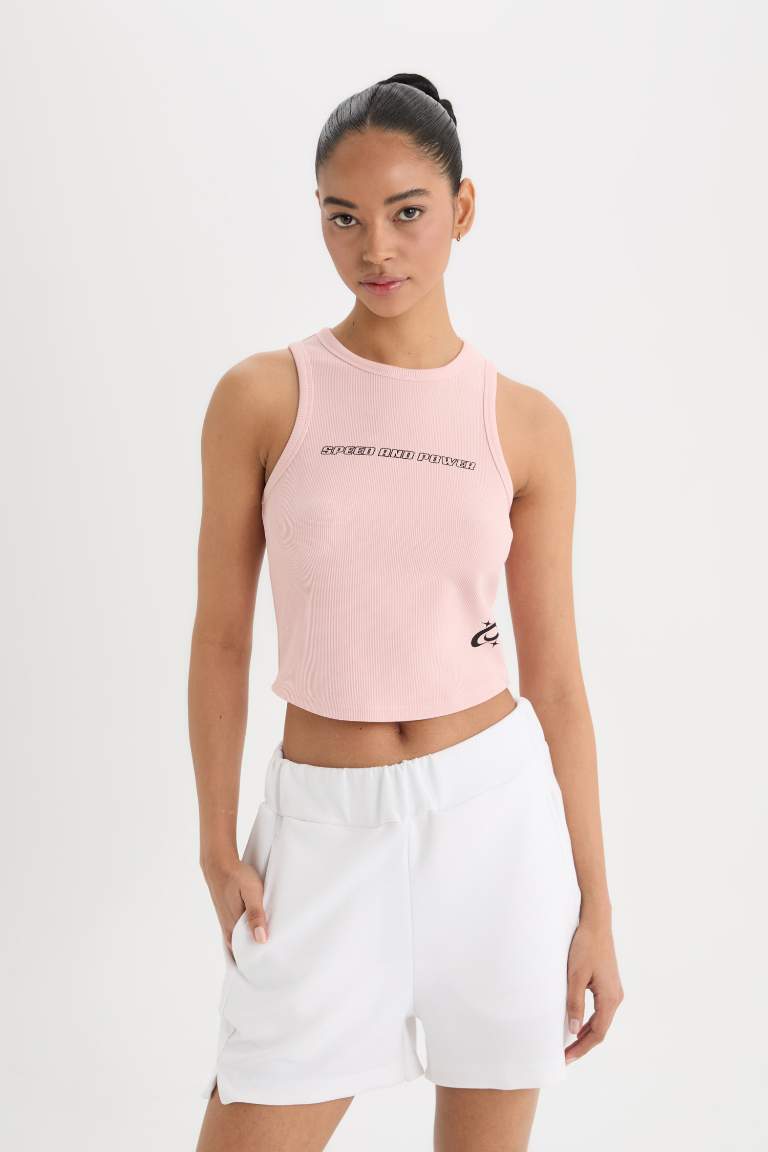 DeFactoFit Printed Crew Neck Sports Crop Tank Top