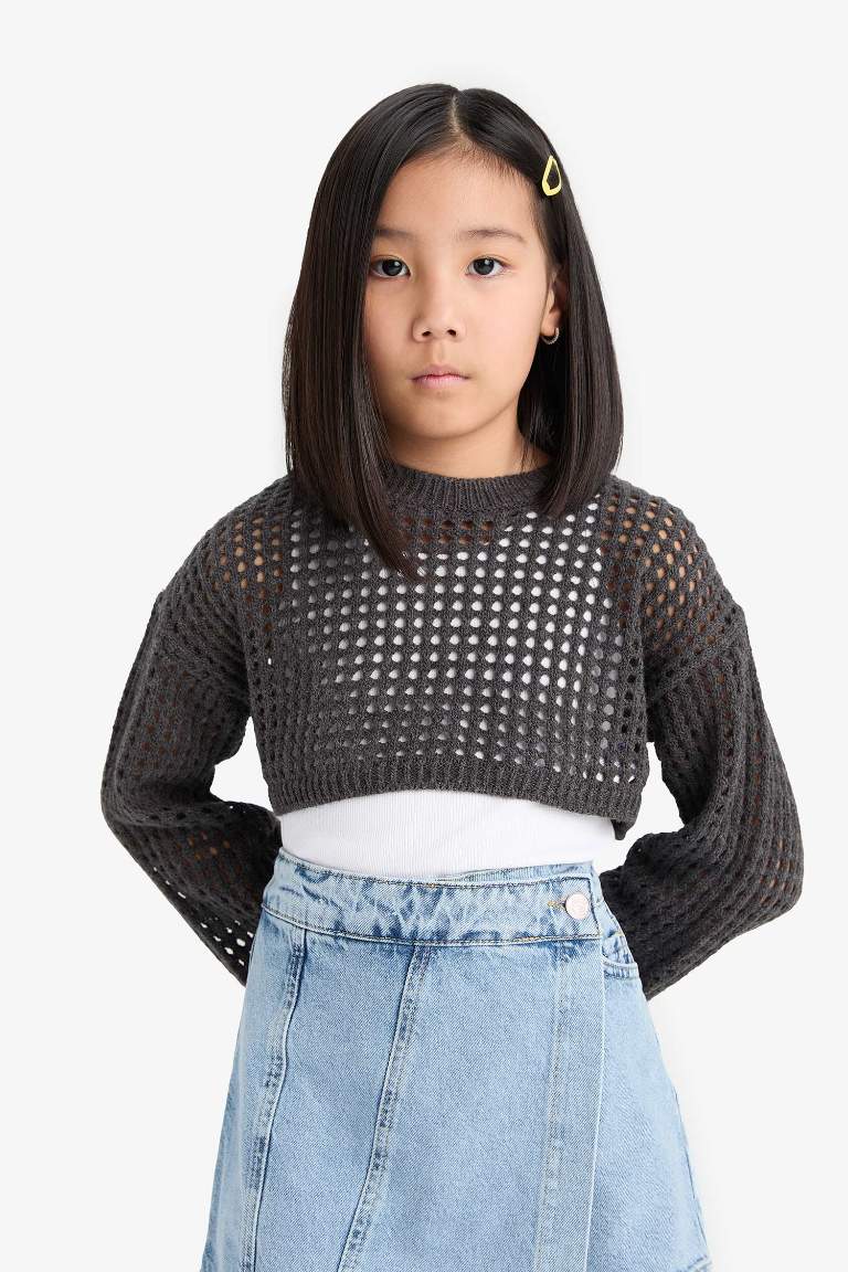 Girl Crew Neck Openwork Crop Pullover