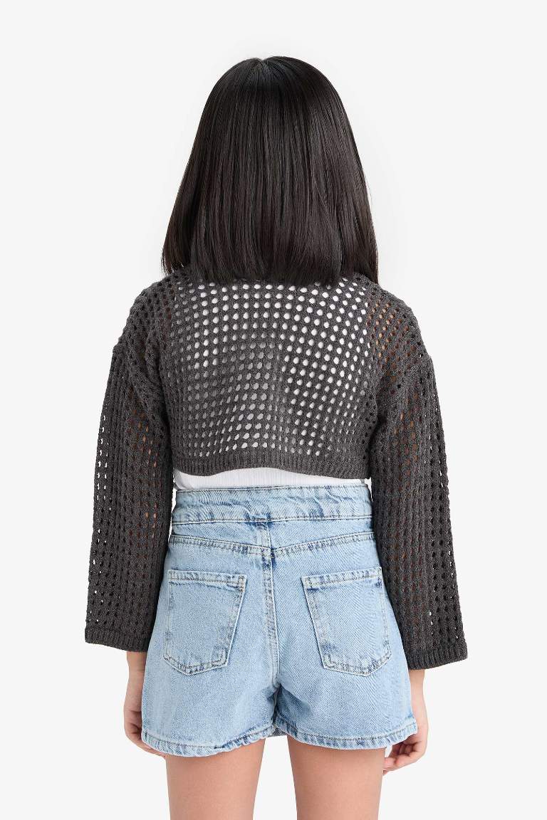 Girl Crew Neck Openwork Crop Pullover