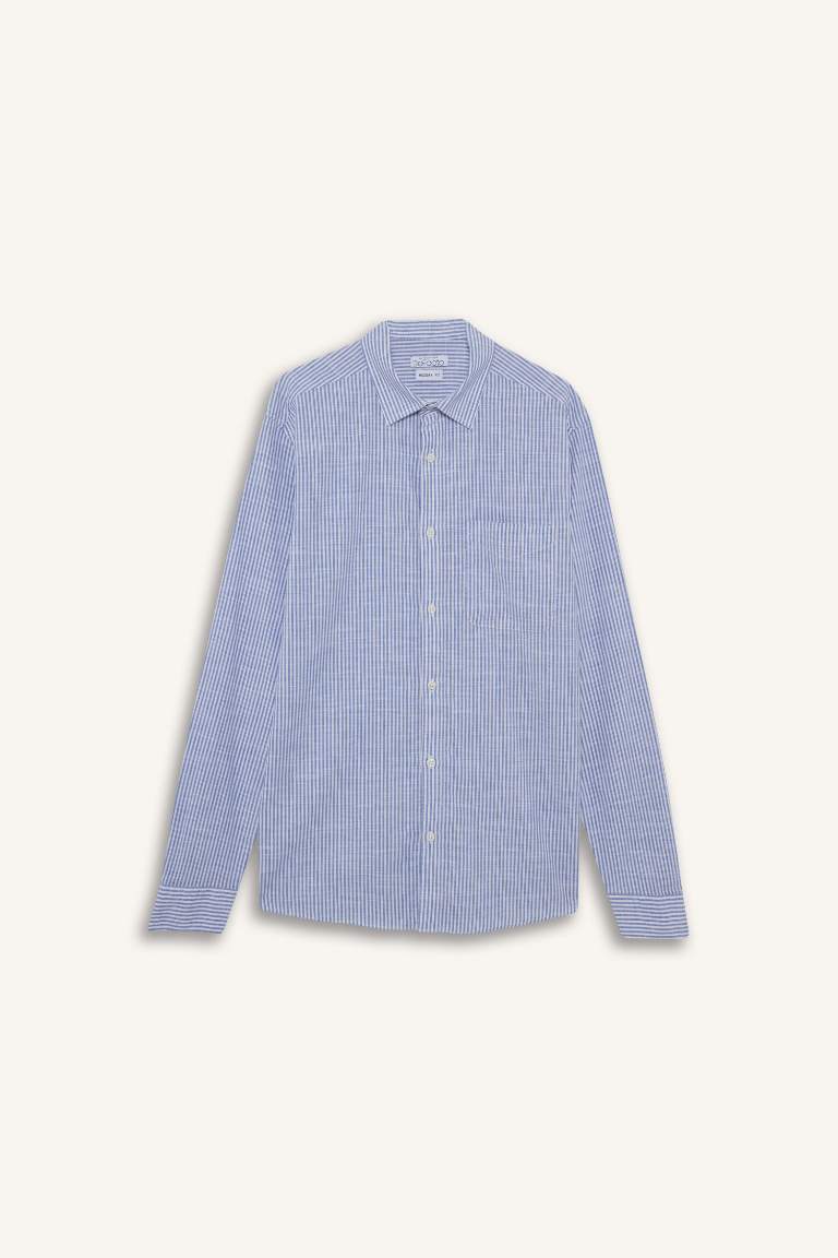 %100 Pamuk Modern Fit Polo Yaka Çizgili Uzun Kollu Gömlek