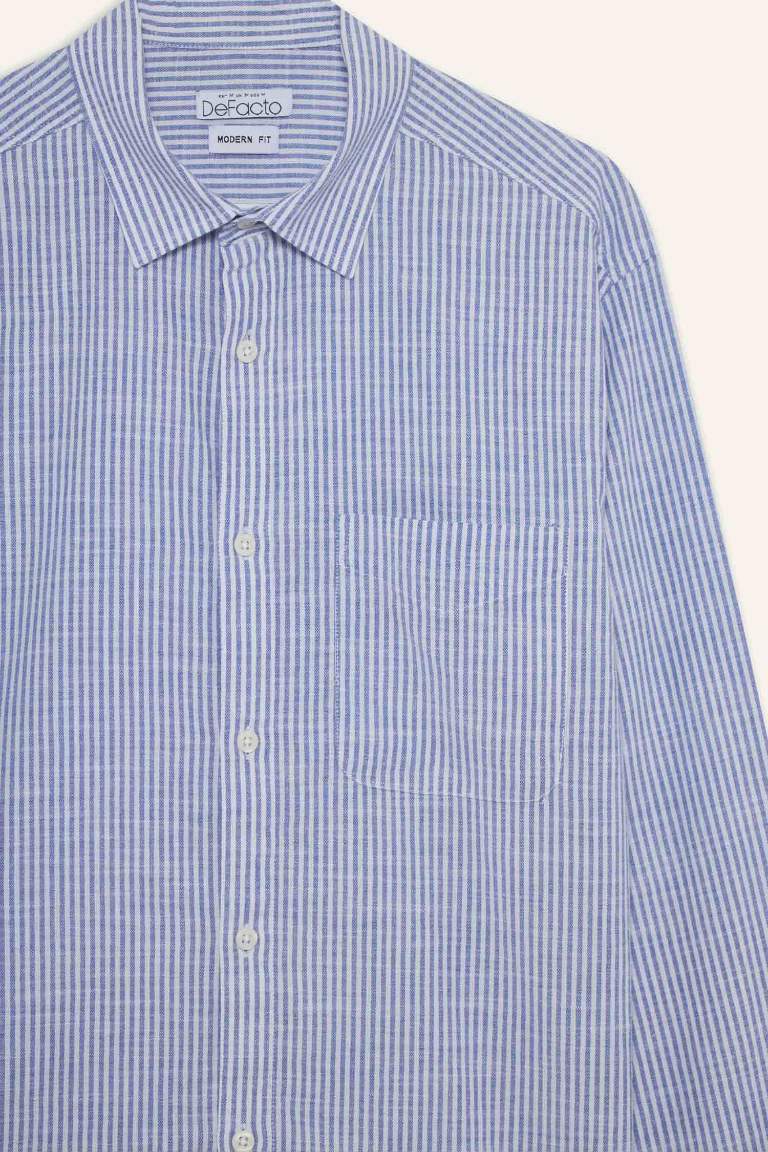 %100 Pamuk Modern Fit Polo Yaka Çizgili Uzun Kollu Gömlek