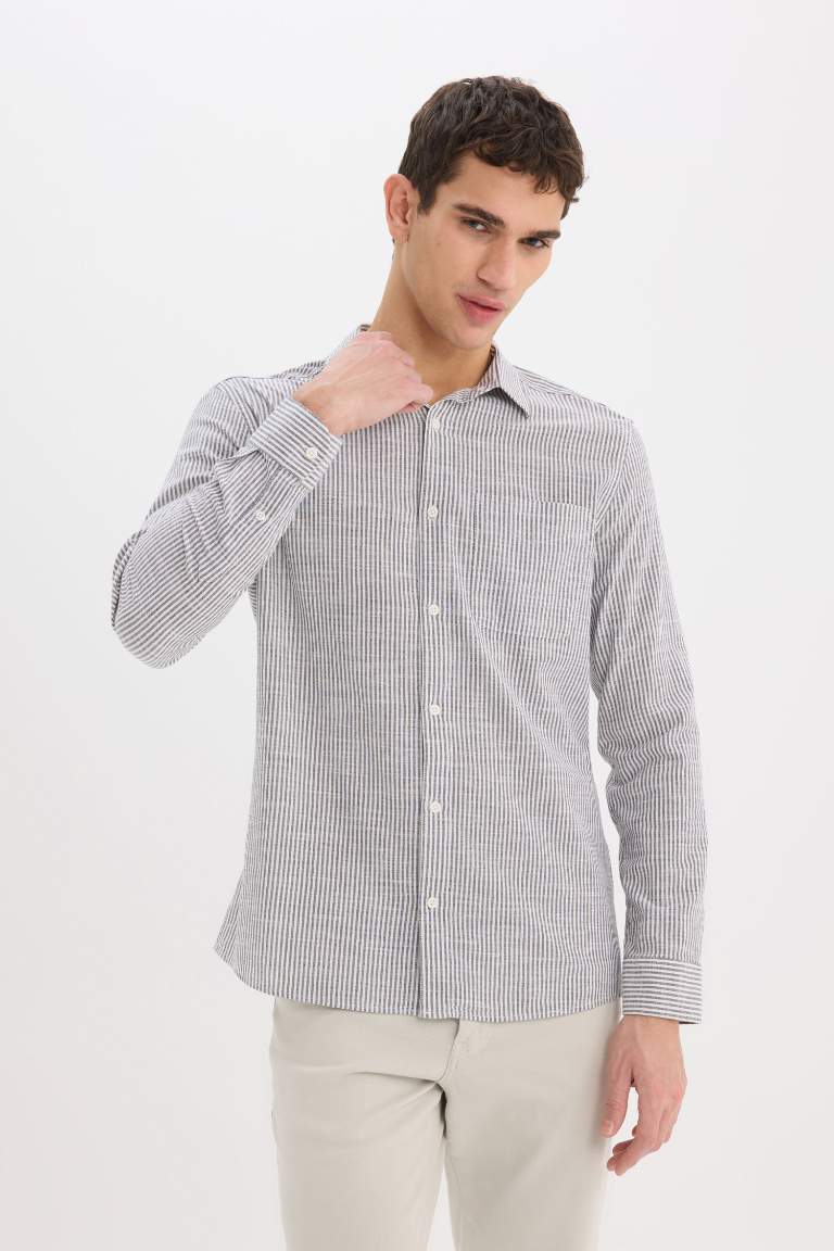 Modern Fit Polo Collar Striped Long Sleeve Shirt