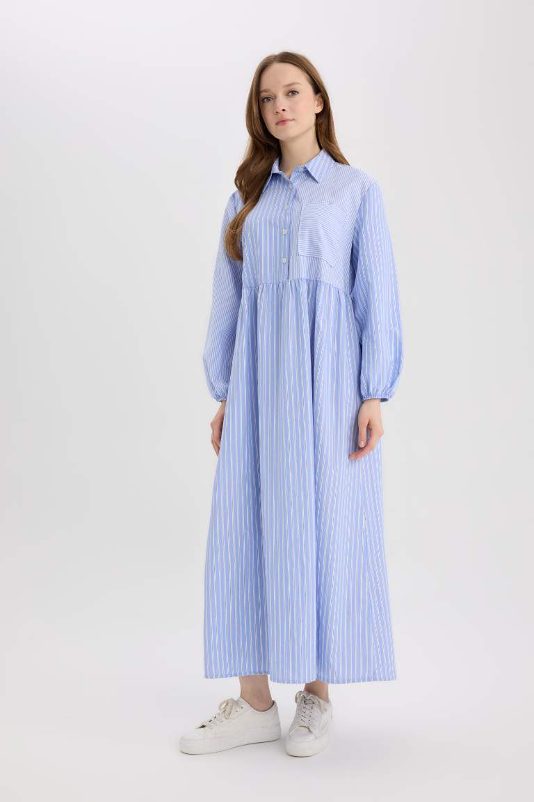 Relax Fit Shirt Collar Patterned Poplin Long Sleeve Maxi Dress