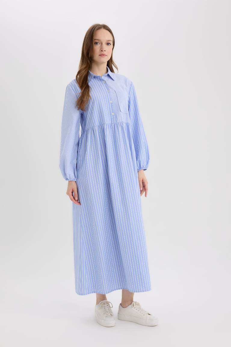 Relax Fit Shirt Collar Patterned Poplin Long Sleeve Maxi Dress