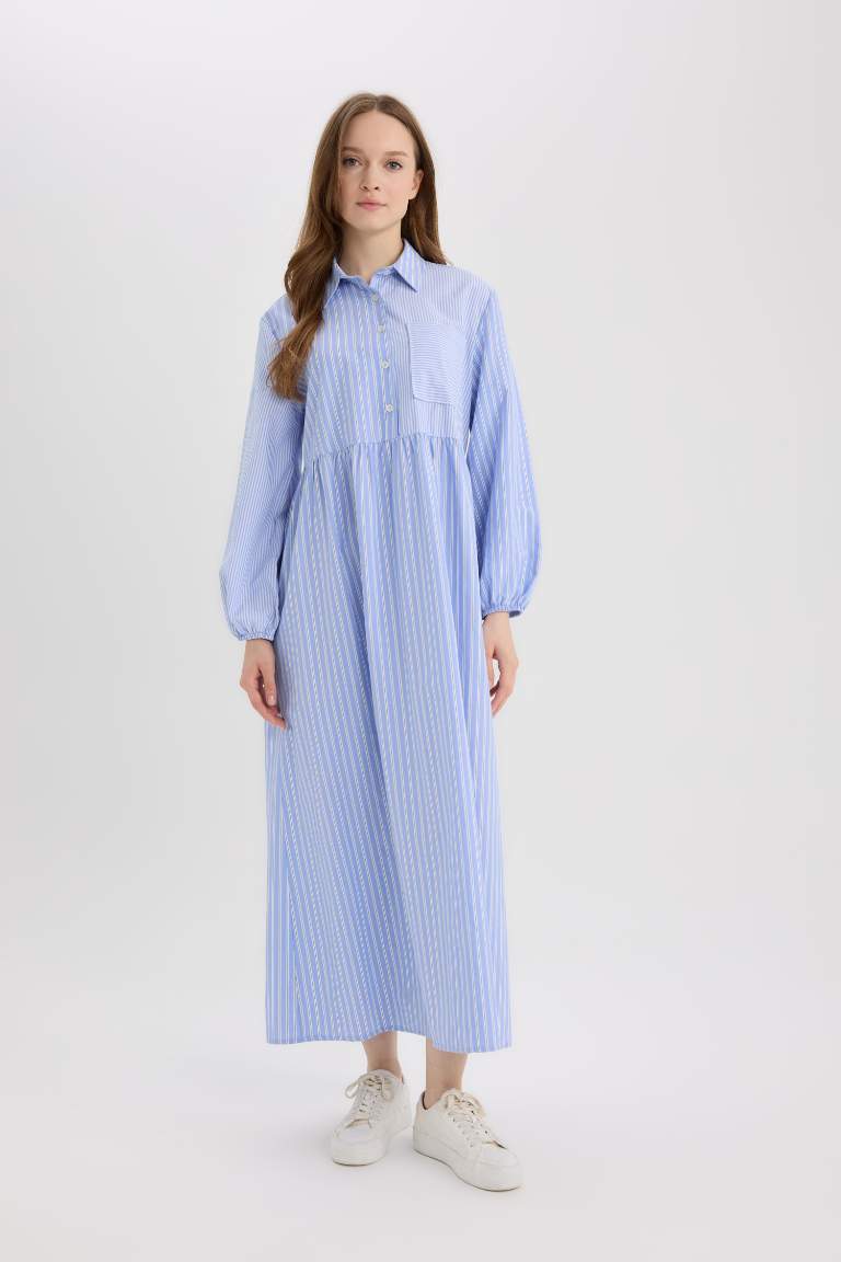 Relax Fit Shirt Collar Patterned Poplin Long Sleeve Maxi Dress