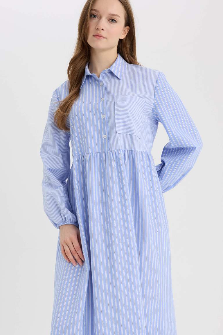 Relax Fit Shirt Collar Patterned Poplin Long Sleeve Maxi Dress