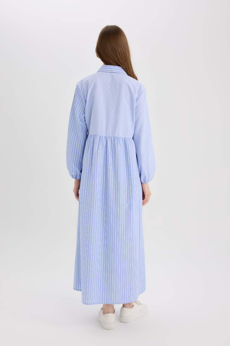 Relax Fit Shirt Collar Patterned Poplin Long Sleeve Maxi Dress