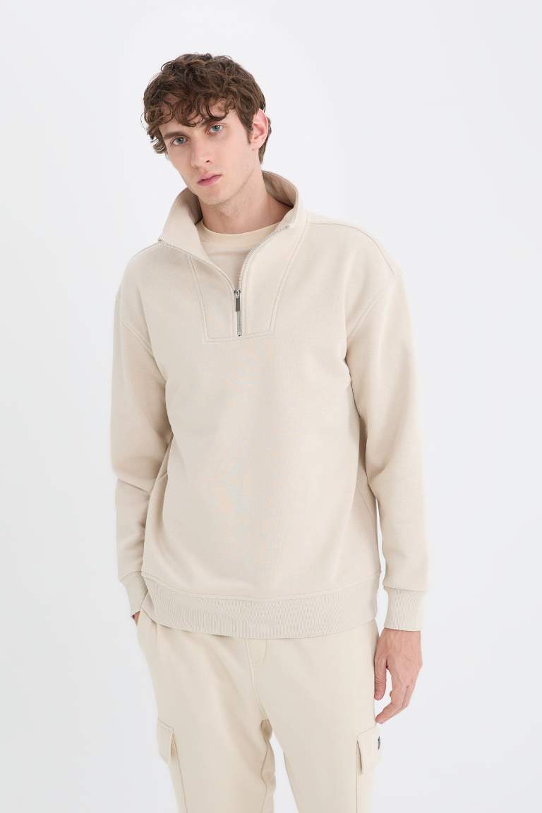 Relax Fit Stand Collar Zippered Basic Thick Sweatshirt