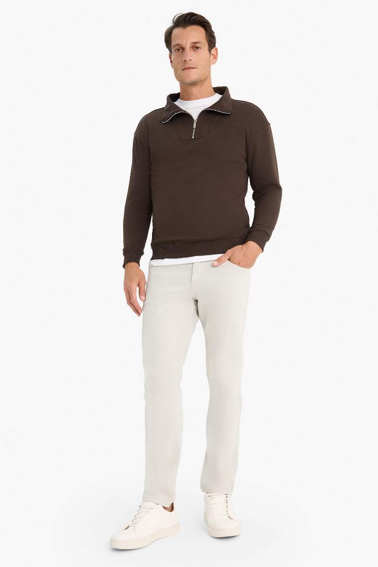 Relax Fit Dik Yaka Fermuarlı Basic Düz Kalın Sweatshirt