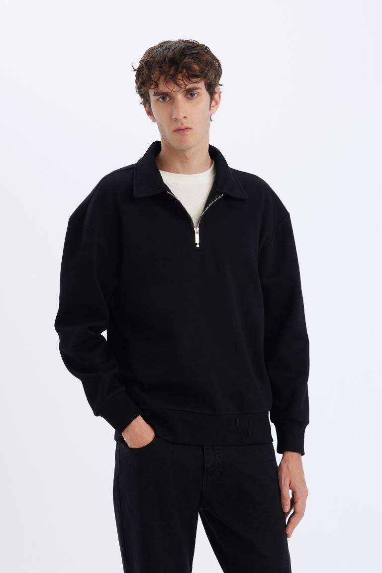 Relax Fit Polo Collar Thick Sweatshirt