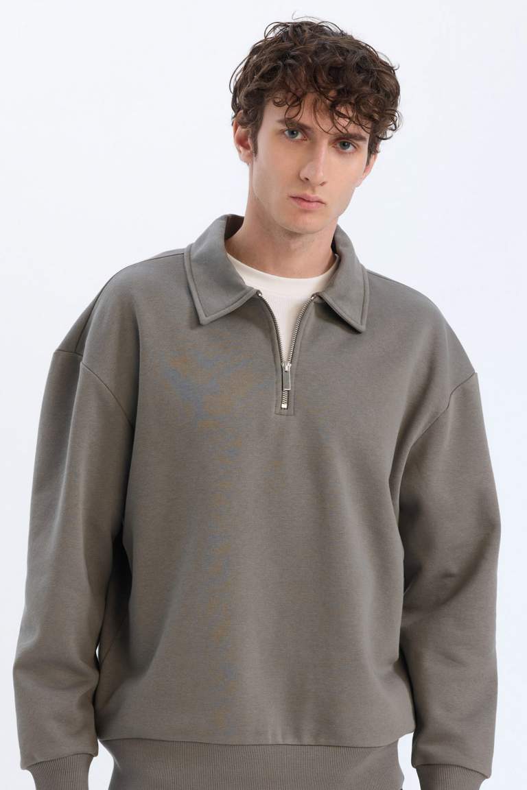 Relax Fit Polo Collar Zippered Basic Thick Sweatshirt