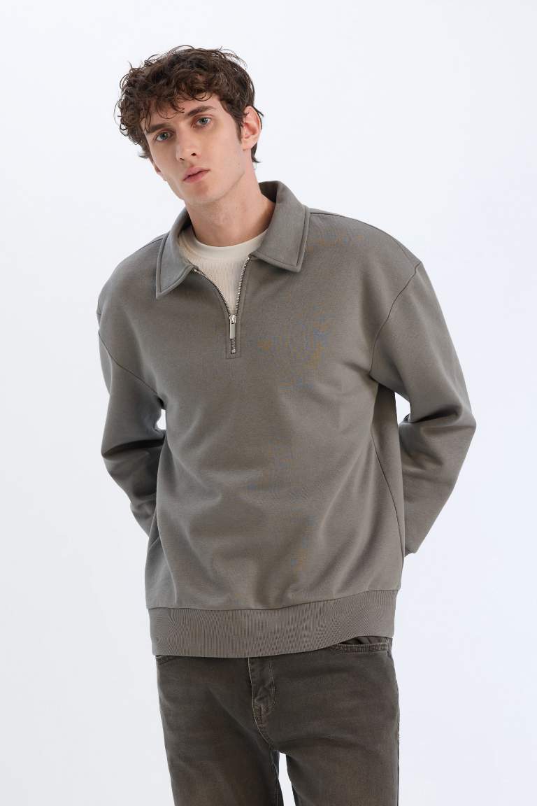 Relax Fit Polo Collar Zippered Basic Thick Sweatshirt