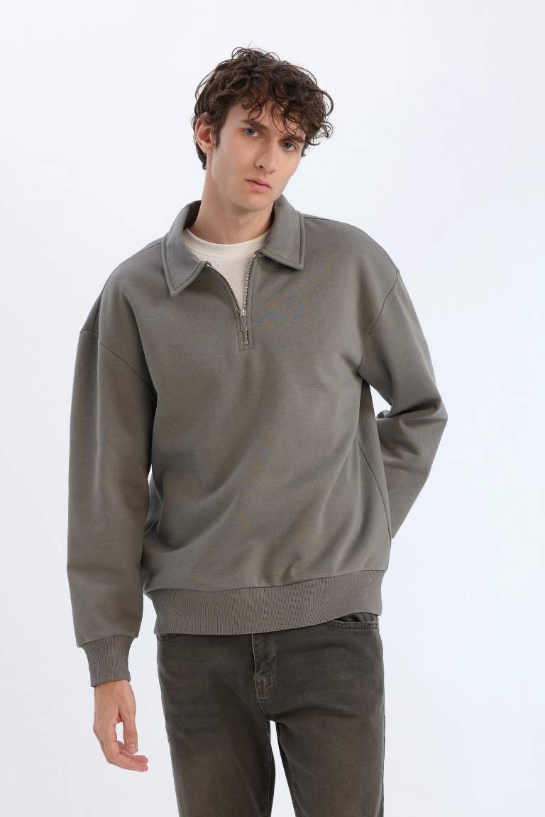 Relax Fit Polo Collar Zippered Basic Thick Sweatshirt