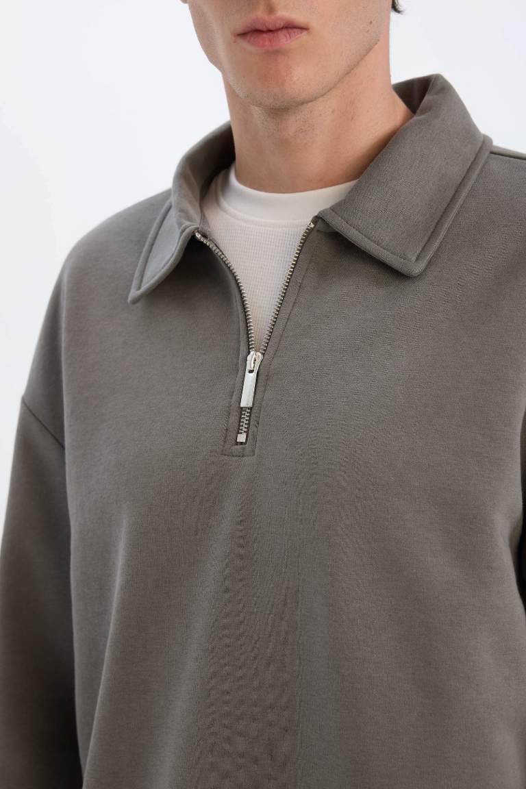 Relax Fit Polo Collar Zippered Basic Thick Sweatshirt