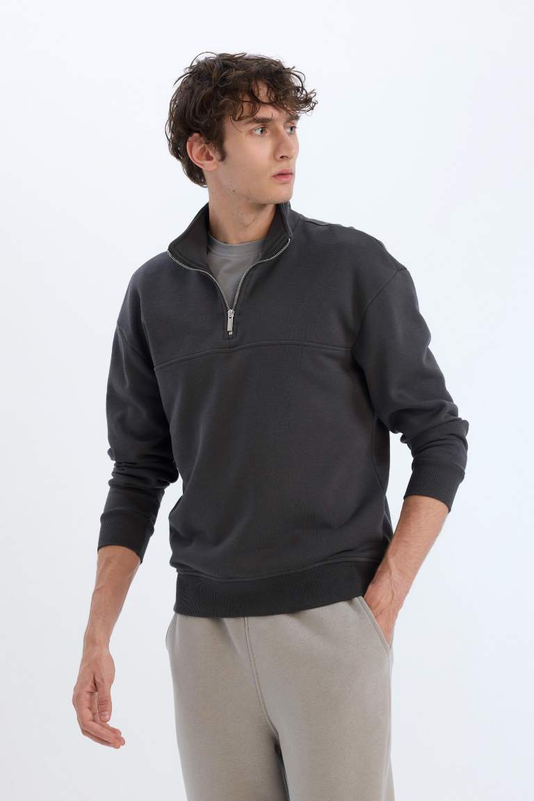 Relax Fit Stand Collar Zippered Basic Thick Sweatshirt