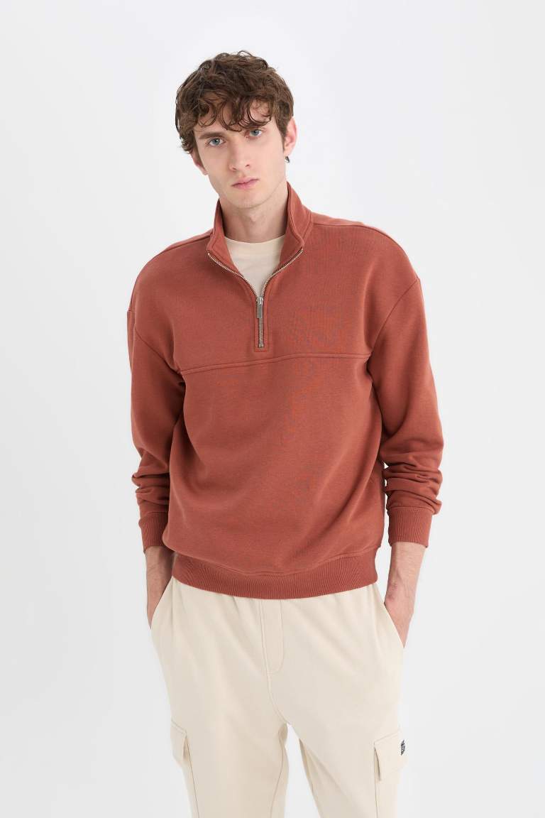 Relax Fit Stand Collar Zippered Basic Thick Sweatshirt