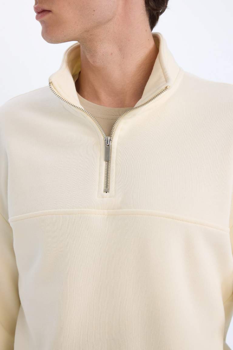 Relax Fit Stand Collar Zippered Basic Thick Sweatshirt