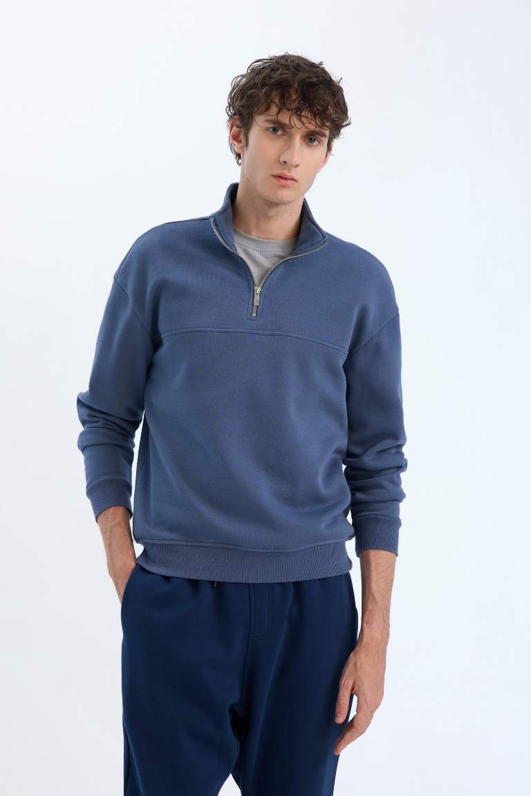 Relax Fit Stand Collar Zippered Basic Thick Sweatshirt