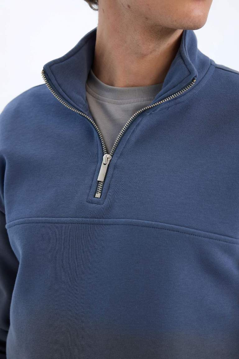 Relax Fit Stand Collar Zippered Basic Thick Sweatshirt