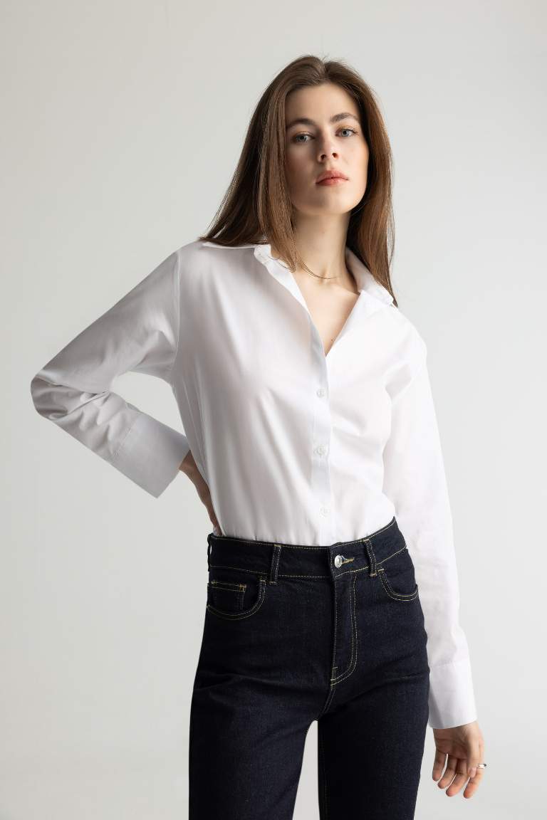 Regular Fit Basic Poplin Long Sleeve White Shirt