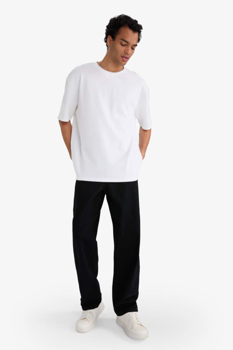 %100 Pamuk Baggy Fit Geniş Kalıp Normal Bel Geniş Paça Siyah Jean Pantolon