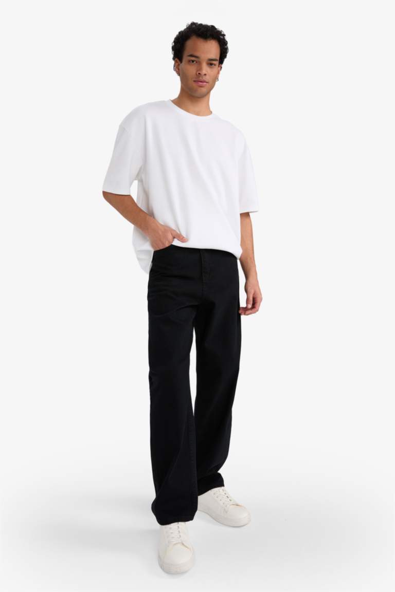 %100 Pamuk Baggy Fit Geniş Kalıp Normal Bel Geniş Paça Siyah Jean Pantolon